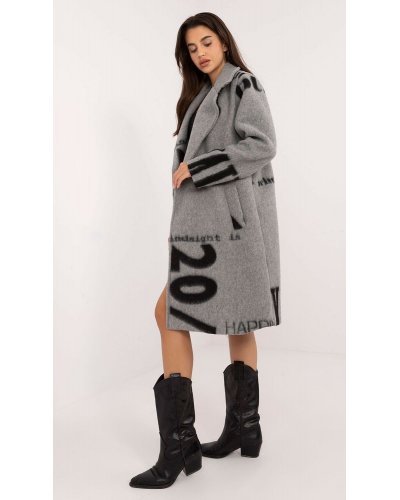 Palton dama lana, lung, gri cu scris negru, Sarina Paltoane dama, Palton dama lana, lung, gri cu scris negru, Sarina - jojofashion.ro