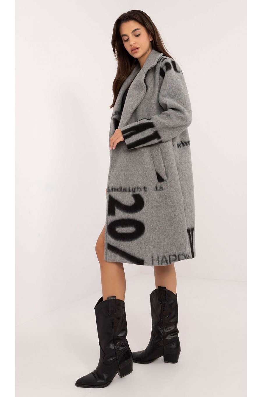 Palton dama lana, lung, gri cu scris negru, Sarina 2 - jojofashion.ro
