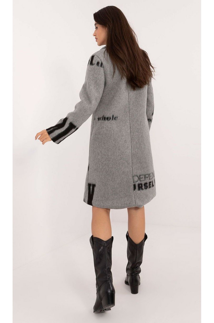 Palton dama lana, lung, gri cu scris negru, Sarina 3 - jojofashion.ro