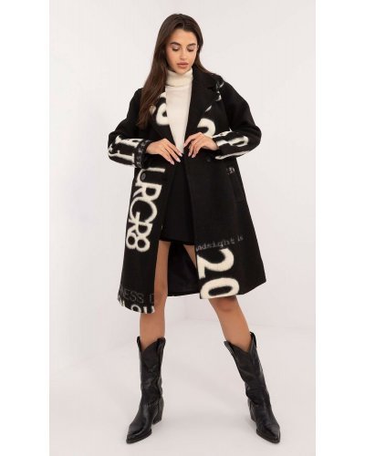 Palton dama lana, lung, negru cu scris alb, Sarina1 Paltoane dama, Palton dama lana, lung, negru cu scris alb, Sarina1 - jojofashion.ro