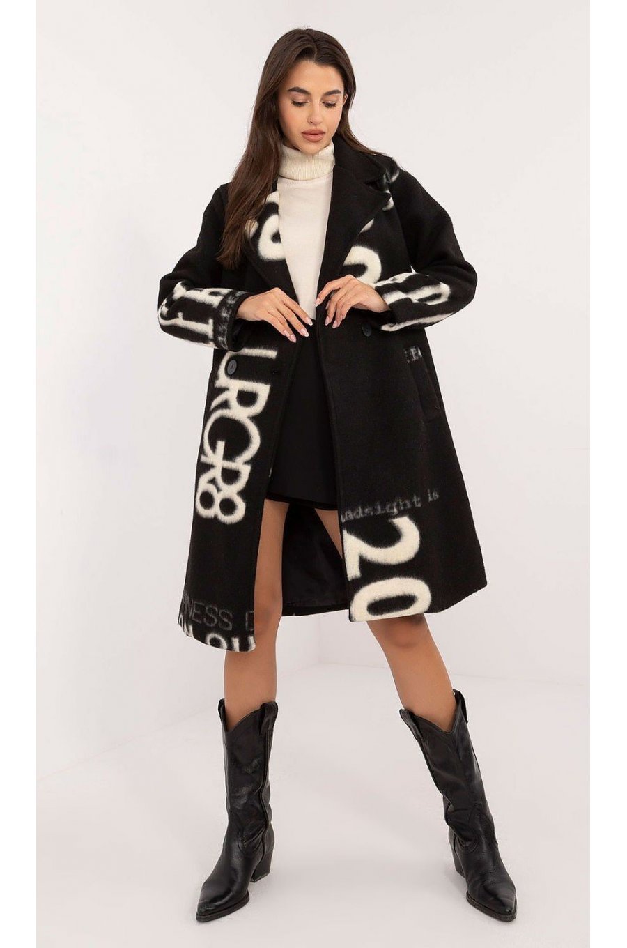 Palton dama lana, lung, negru cu scris alb, Sarina1 1 - jojofashion.ro