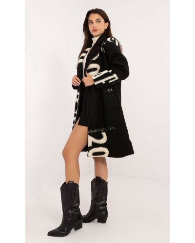 Palton dama lana, lung, negru cu scris alb, Sarina1 Paltoane dama, Palton dama lana, lung, negru cu scris alb, Sarina1 - jojofashion.ro