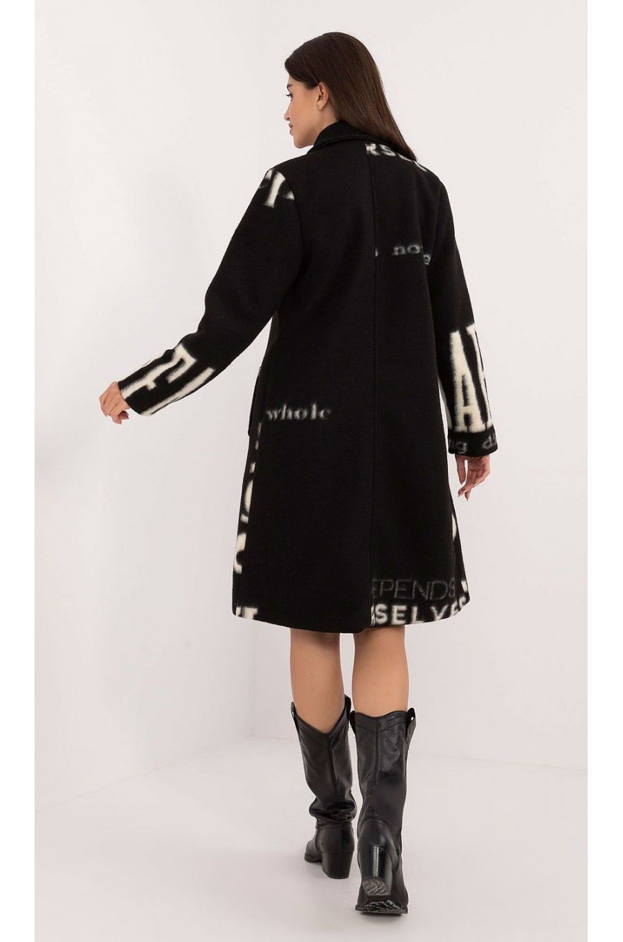 Palton dama lana, lung, negru cu scris alb, Sarina1 3 - jojofashion.ro