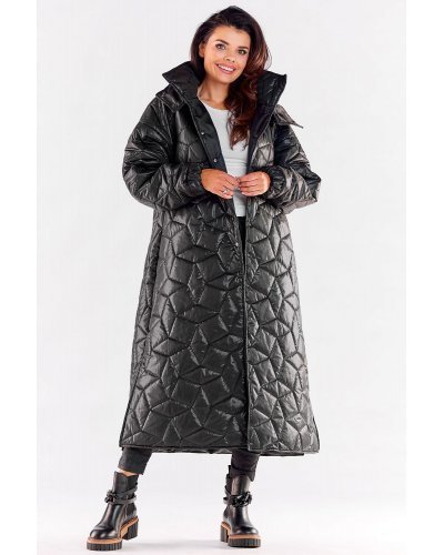 Palton dama lung, matlasat, negru, oversize, cu gluga, Lanny Palton dama lung, matlasat, negru, oversize, cu gluga, Lanny - jojofashion.ro