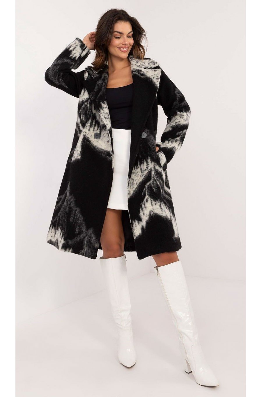 Palton dama midi, din lana, negru alb, Layla Palton dama midi, din lana, negru alb, Layla 1 - jojofashion.ro