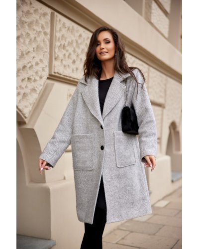 Palton dama midi oversize, gri, cu buzunare aplicate, Francys Paltoane dama, Palton dama midi oversize, gri, cu buzunare aplicate, Francys - jojofashion.ro