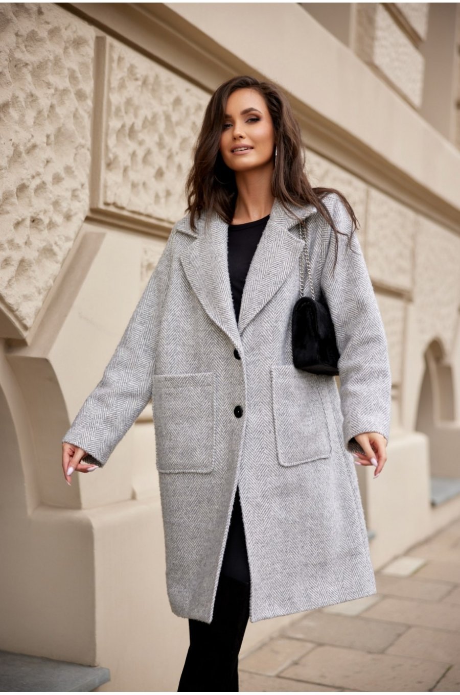 Palton dama midi oversize, gri, cu buzunare aplicate, Francys Palton dama midi oversize, gri, cu buzunare aplicate, Francys 1 - jojofashion.ro