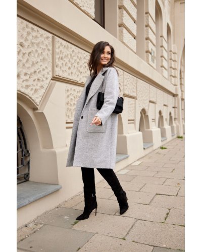 Palton dama midi oversize, gri, cu buzunare aplicate, Francys Paltoane dama, Palton dama midi oversize, gri, cu buzunare aplicate, Francys - jojofashion.ro