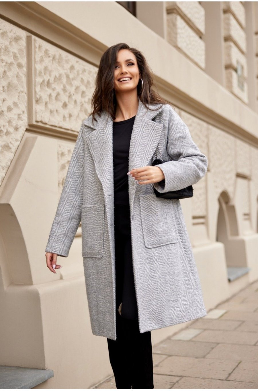 Palton dama midi oversize, gri, cu buzunare aplicate, Francys Palton dama midi oversize, gri, cu buzunare aplicate, Francys 4 - jojofashion.ro