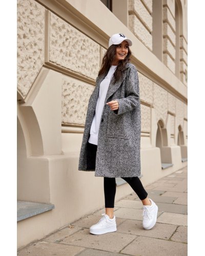 Palton dama midi oversize, pepit, gri cu negru, Francys Paltoane dama, Palton dama midi oversize, pepit, gri cu negru, Francys - jojofashion.ro