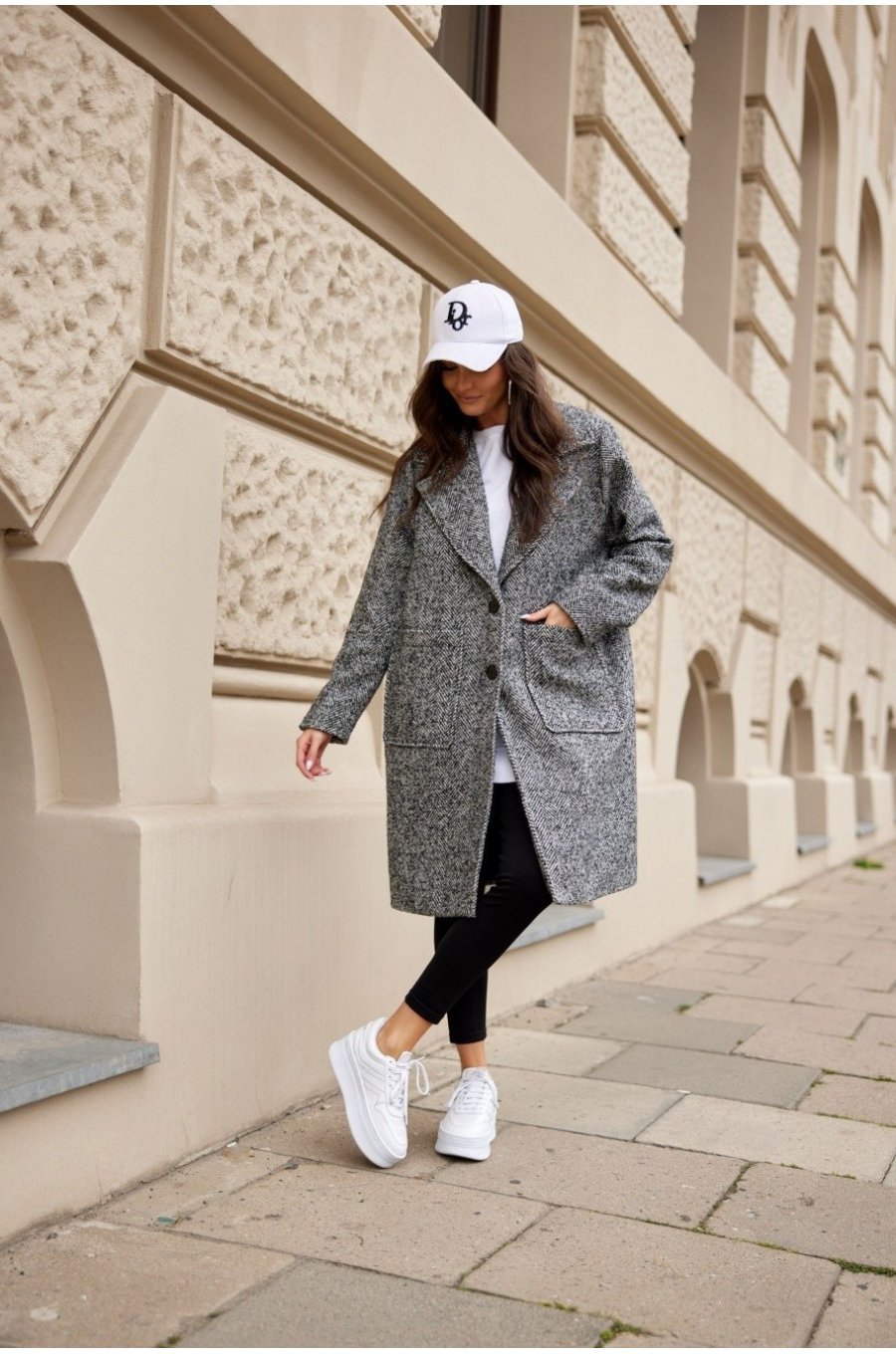Palton dama midi oversize, pepit, gri cu negru, Francys Palton dama midi oversize, pepit, gri cu negru, Francys 4 - jojofashion.ro