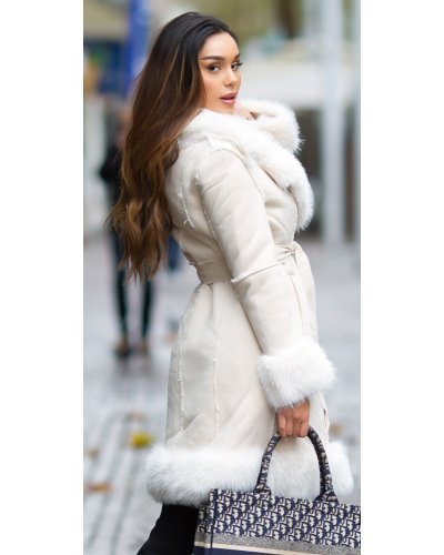 Palton dama midi, stil cojoc, din piele eco intoarsa, bej, cu blana, Chayenne Paltoane dama, Palton dama midi, stil cojoc, din piele eco intoarsa, bej, cu blana, Chayenne - jojofashion.ro
