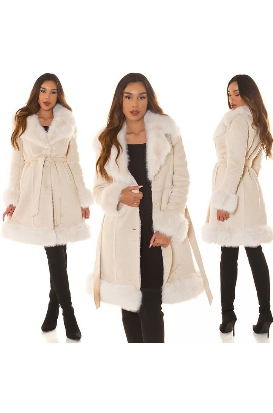 Palton dama midi, stil cojoc, din piele eco intoarsa, bej, cu blana, Chayenne 8 - jojofashion.ro