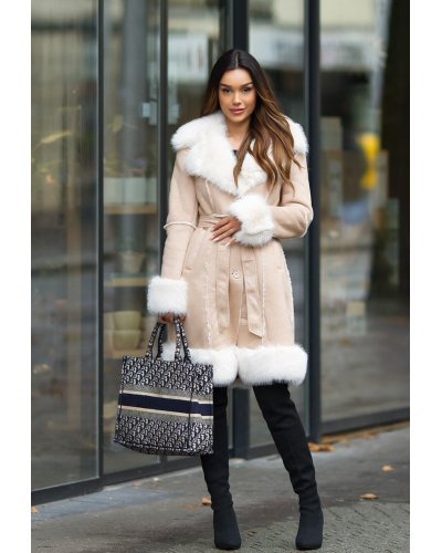 Palton dama midi, stil cojoc, din piele eco intoarsa, cappuccino, cu blana, Chayenne Paltoane dama, Palton dama midi, stil cojoc, din piele eco intoarsa, cappuccino, cu blana, Chayenne - jojofashion.ro