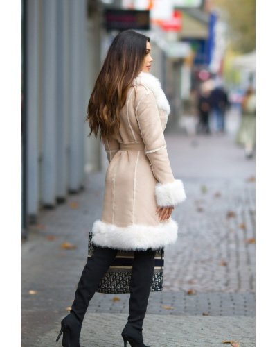 Palton dama midi, stil cojoc, din piele eco intoarsa, cappuccino, cu blana, Chayenne Paltoane dama, Palton dama midi, stil cojoc, din piele eco intoarsa, cappuccino, cu blana, Chayenne - jojofashion.ro