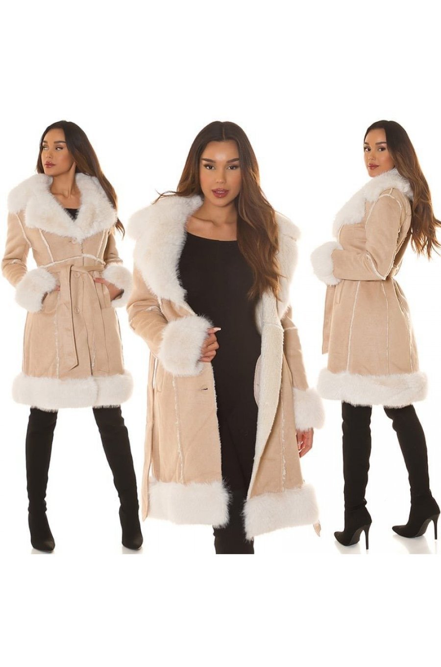 Palton dama midi, stil cojoc, din piele eco intoarsa, cappuccino, cu blana, Chayenne 5 - jojofashion.ro