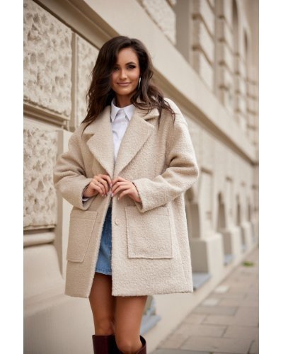 Palton dama scurt, bej, oversize, cu buzunare aplicate, Sanchez Paltoane dama, Palton dama scurt, bej, oversize, cu buzunare aplicate, Sanchez - jojofashion.ro