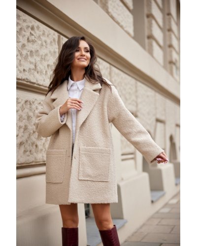 Palton dama scurt, bej, oversize, cu buzunare aplicate, Sanchez Paltoane dama, Palton dama scurt, bej, oversize, cu buzunare aplicate, Sanchez - jojofashion.ro