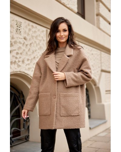 Palton dama scurt, cappuccino, oversize, cu buzunare aplicate, Sanchez Paltoane dama, Palton dama scurt, cappuccino, oversize, cu buzunare aplicate, Sanchez - jojofashion.ro