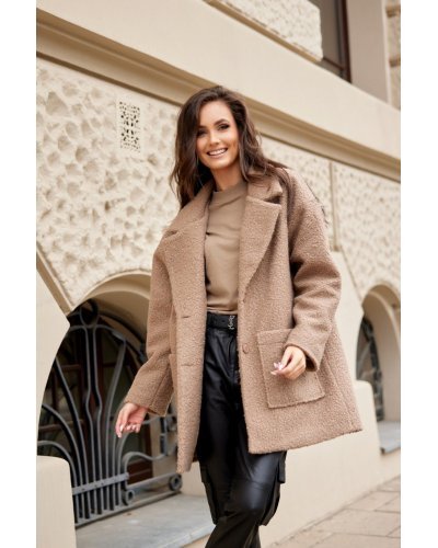 Palton dama scurt, cappuccino, oversize, cu buzunare aplicate, Sanchez Paltoane dama, Palton dama scurt, cappuccino, oversize, cu buzunare aplicate, Sanchez - jojofashion.ro