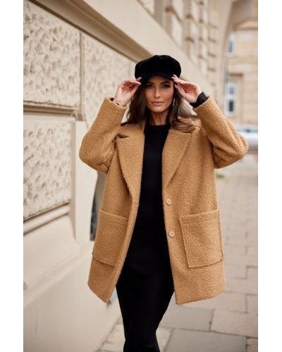 Palton dama scurt, caramel, oversize, cu buzunare aplicate, Sanchez Paltoane dama, Palton dama scurt, caramel, oversize, cu buzunare aplicate, Sanchez - jojofashion.ro