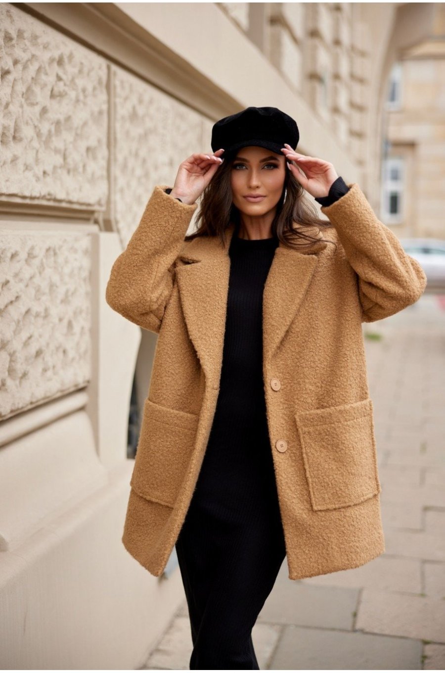 Palton dama scurt, caramel, oversize, cu buzunare aplicate, Sanchez 1 - jojofashion.ro