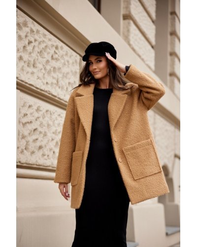 Palton dama scurt, caramel, oversize, cu buzunare aplicate, Sanchez Paltoane dama, Palton dama scurt, caramel, oversize, cu buzunare aplicate, Sanchez - jojofashion.ro