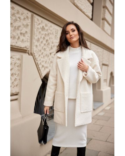 Palton dama scurt, ecru, oversize, cu buzunare aplicate, Sanchez Paltoane dama, Palton dama scurt, ecru, oversize, cu buzunare aplicate, Sanchez - jojofashion.ro