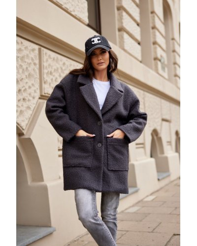 Palton dama scurt, gri, oversize, cu buzunare aplicate, Sanchez Paltoane dama, Palton dama scurt, gri, oversize, cu buzunare aplicate, Sanchez - jojofashion.ro