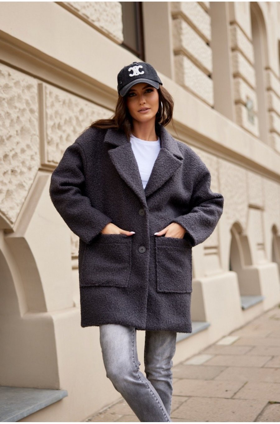 Palton dama scurt, gri, oversize, cu buzunare aplicate, Sanchez Palton dama scurt, gri, oversize, cu buzunare aplicate, Sanchez 1 - jojofashion.ro