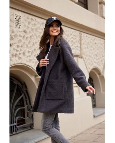 Palton dama scurt, gri, oversize, cu buzunare aplicate, Sanchez Paltoane dama, Palton dama scurt, gri, oversize, cu buzunare aplicate, Sanchez - jojofashion.ro