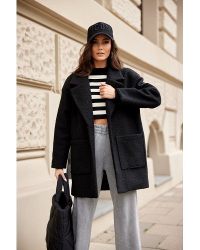Palton dama scurt, negru, oversize, cu buzunare aplicate, Sanchez Paltoane dama, Palton dama scurt, negru, oversize, cu buzunare aplicate, Sanchez - jojofashion.ro