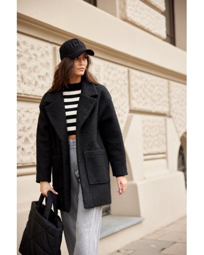 Palton dama scurt, negru, oversize, cu buzunare aplicate, Sanchez Paltoane dama, Palton dama scurt, negru, oversize, cu buzunare aplicate, Sanchez - jojofashion.ro