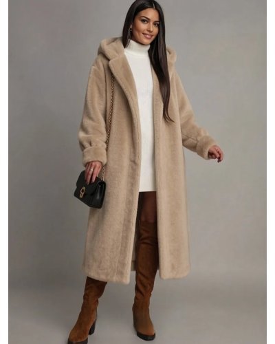 Geci dama, Palton dama teddy bear lung din blana eco bej cu gluga Simba - jojofashion.ro