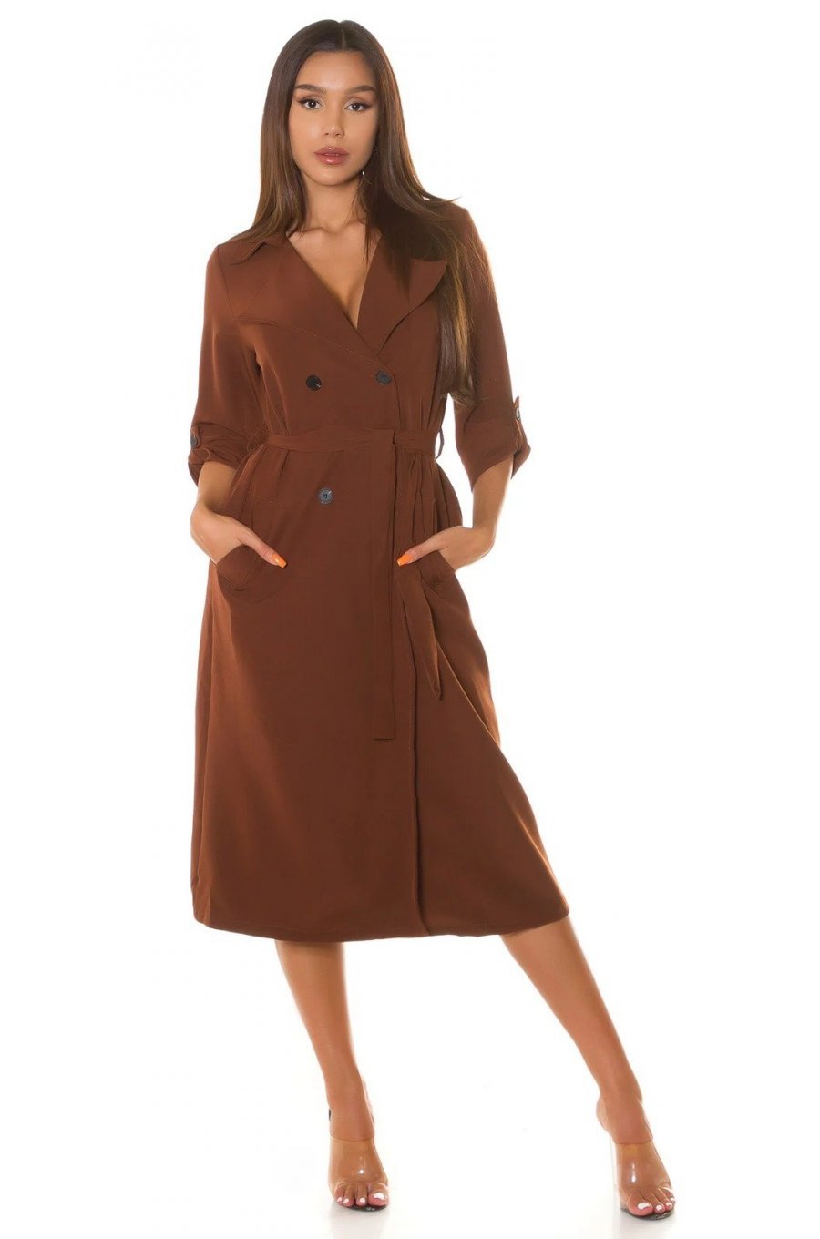 Trenci dama elegant midi maro Mexilho Trenci dama elegant midi maro Mexilho 1 - jojofashion.ro