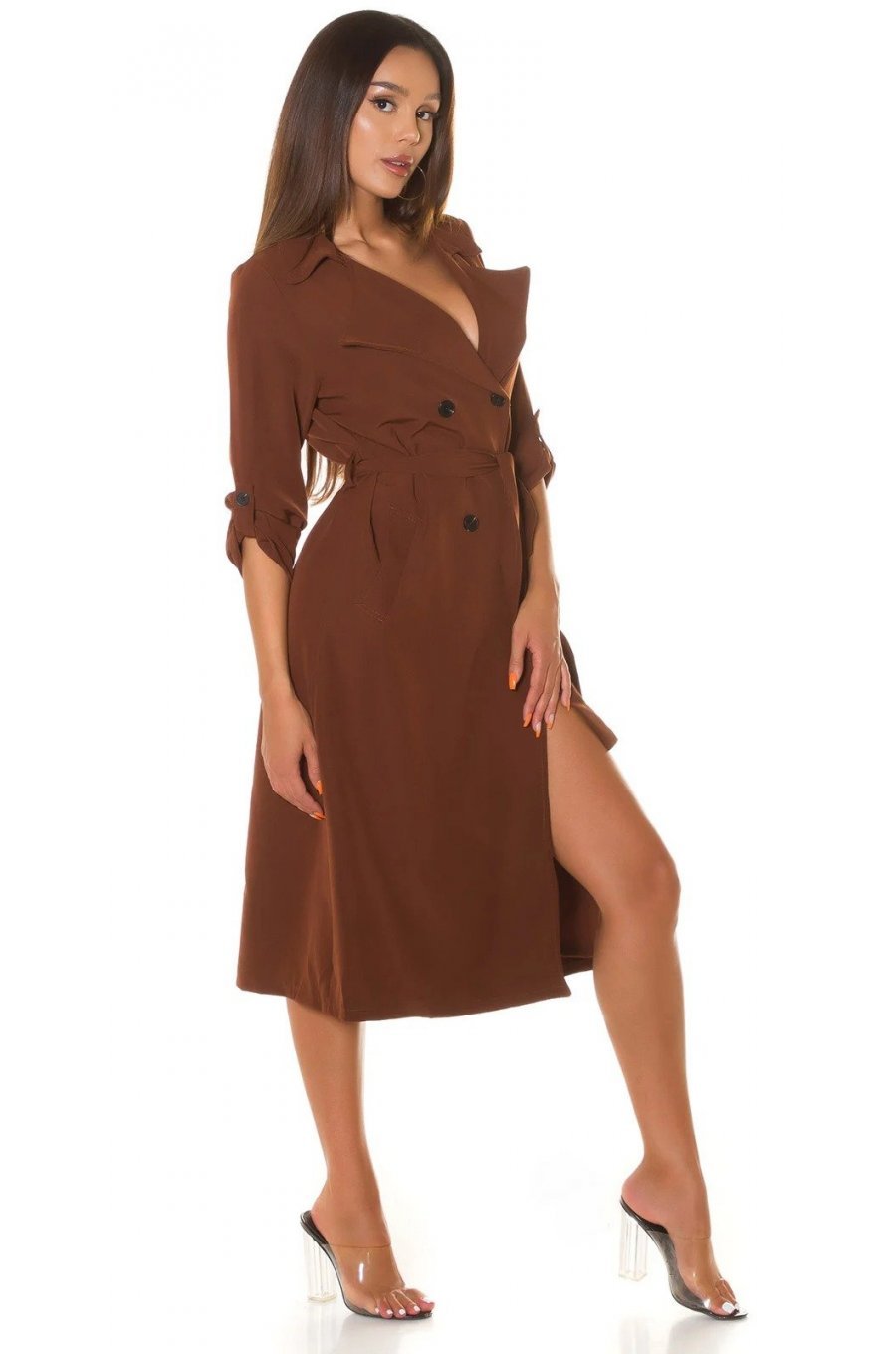 Trenci dama elegant midi maro Mexilho Trenci dama elegant midi maro Mexilho 3 - jojofashion.ro
