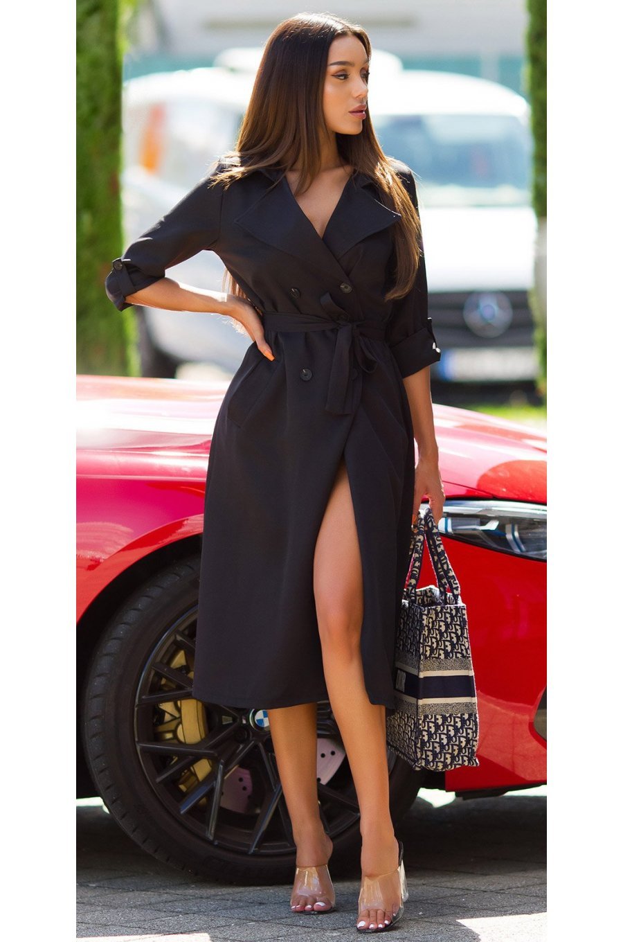 Trenci dama elegant midi negru Mexilho	 1 - jojofashion.ro