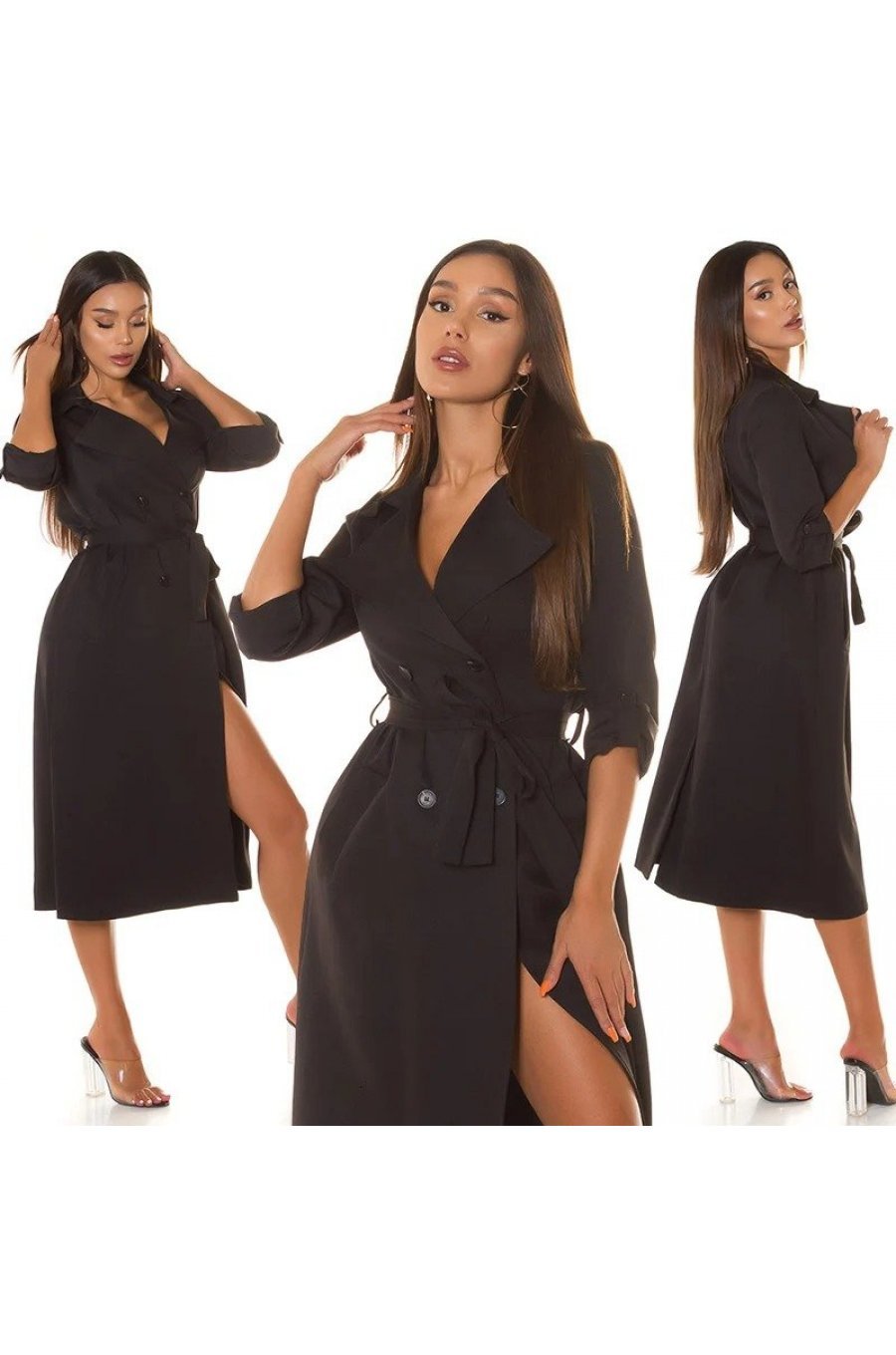 Trenci dama elegant midi negru Mexilho	 5 - jojofashion.ro