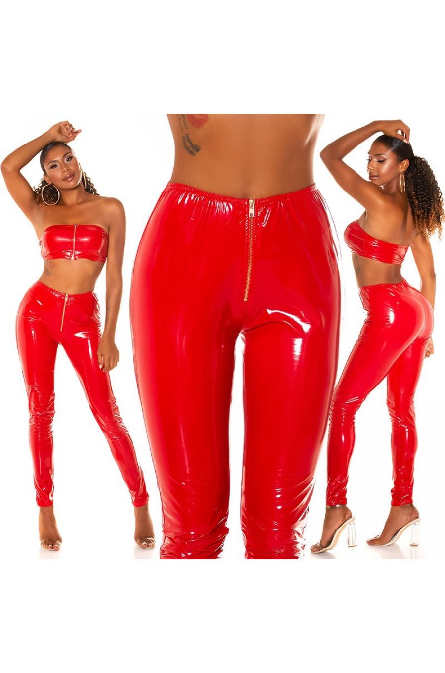 Pantaloni dama casual rosii latex, skinny Tomasa 5 - jojofashion.ro