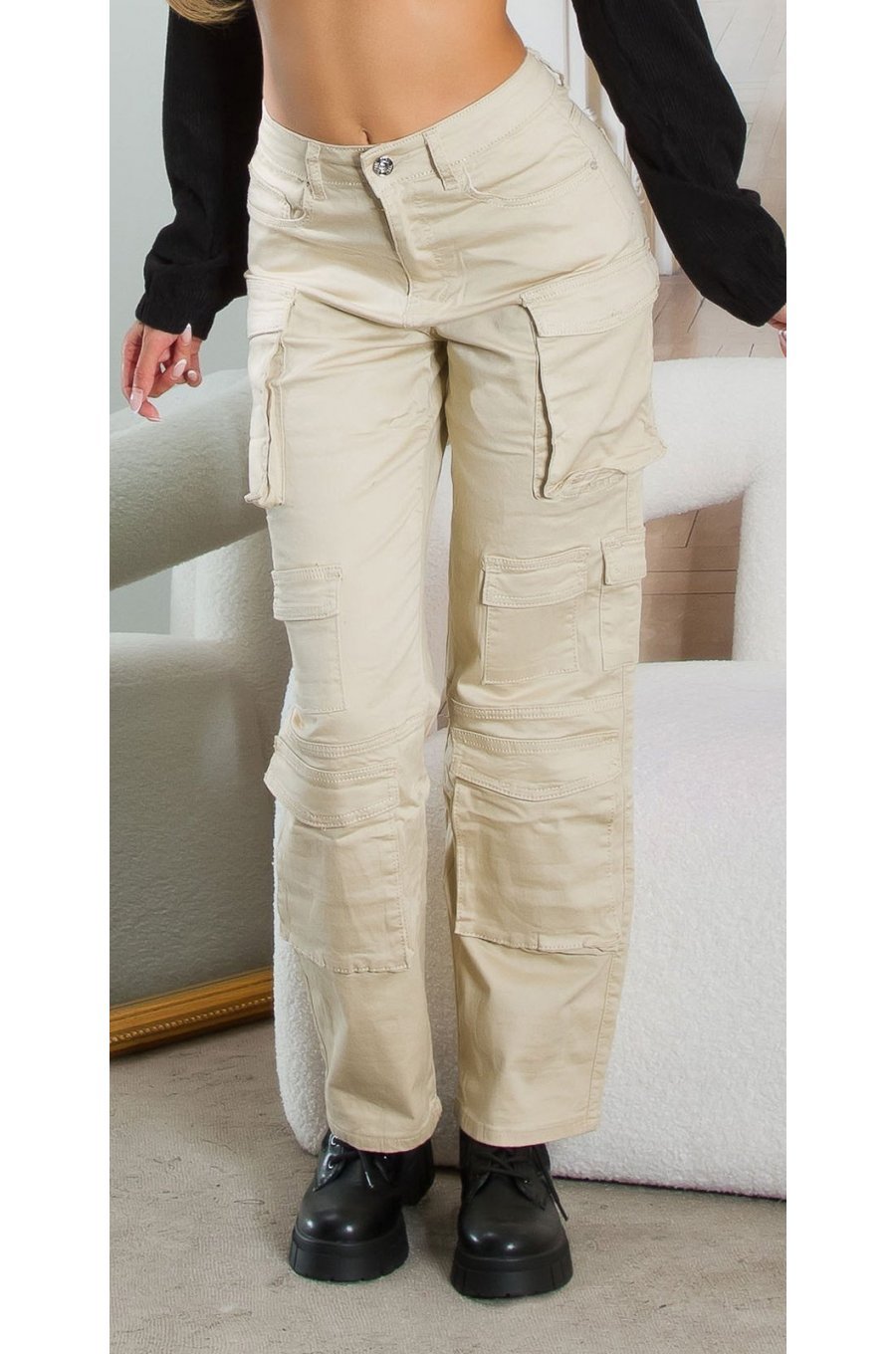 Pantaloni dama cargo bej, din bumbac, cu talia inalta, Morann Pantaloni dama cargo bej, din bumbac, cu talia inalta, Morann 1 - jojofashion.ro