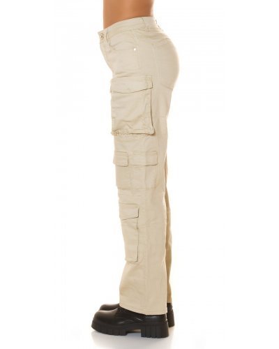 Pantaloni dama, Pantaloni dama cargo bej, din bumbac, cu talia inalta, Morann - jojofashion.ro