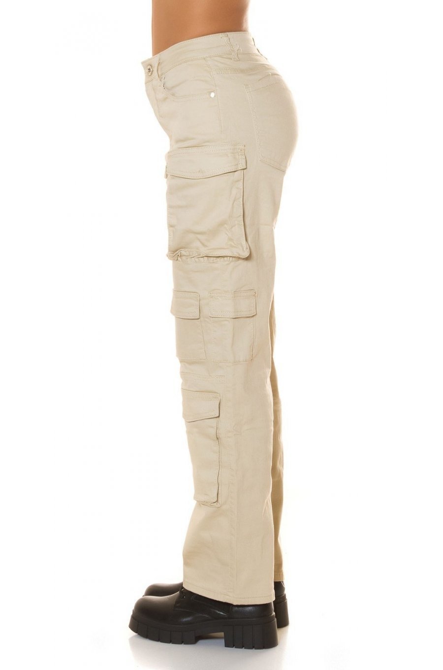 Pantaloni dama cargo bej, din bumbac, cu talia inalta, Morann Pantaloni dama cargo bej, din bumbac, cu talia inalta, Morann 2 - jojofashion.ro