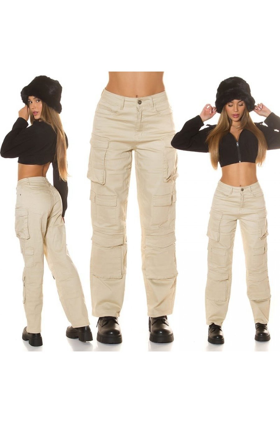 Pantaloni dama cargo bej, din bumbac, cu talia inalta, Morann Pantaloni dama cargo bej, din bumbac, cu talia inalta, Morann 6 - jojofashion.ro