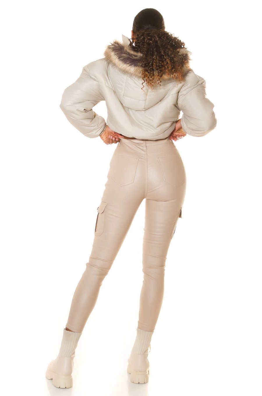 Pantaloni dama cargo, bej, din piele eco, Eliska Pantaloni dama cargo, bej, din piele eco, Eliska 4 - jojofashion.ro