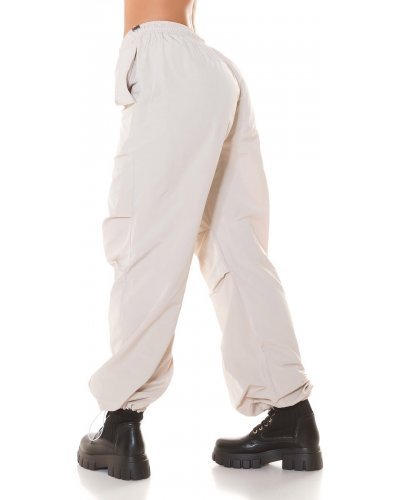 Pantaloni dama, Pantaloni dama cargo, bej, oversize, Tenille - jojofashion.ro