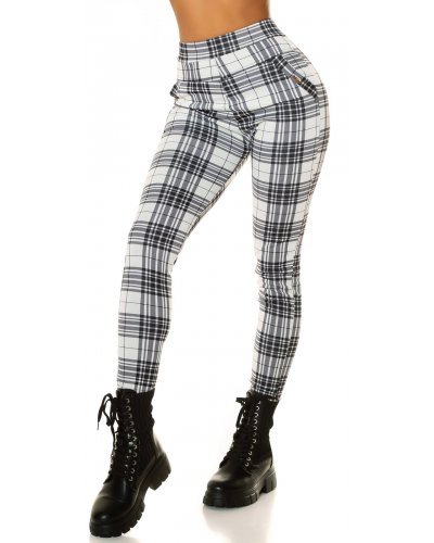 Pantaloni dama, Pantaloni dama casual albi in carouri cu talia inalta Kariert - jojofashion.ro