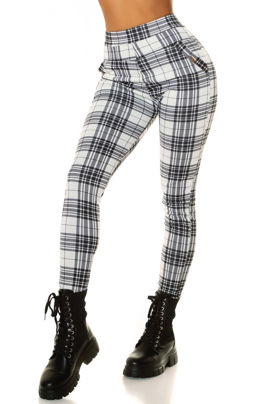 Pantaloni dama casual albi in carouri cu talia inalta Kariert 1 - jojofashion.ro