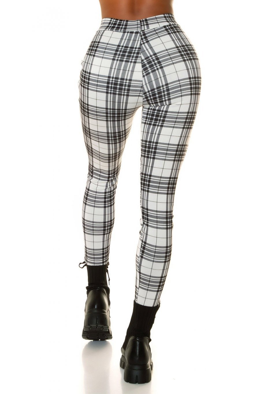 Pantaloni dama casual albi in carouri cu talia inalta Kariert 2 - jojofashion.ro