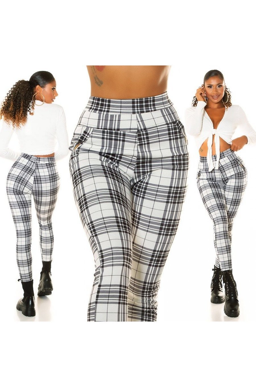 Pantaloni dama casual albi in carouri cu talia inalta Kariert 6 - jojofashion.ro