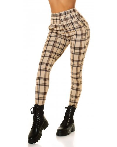 Pantaloni dama, Pantaloni dama casual bej in carouri cu talia inalta Kariert - jojofashion.ro